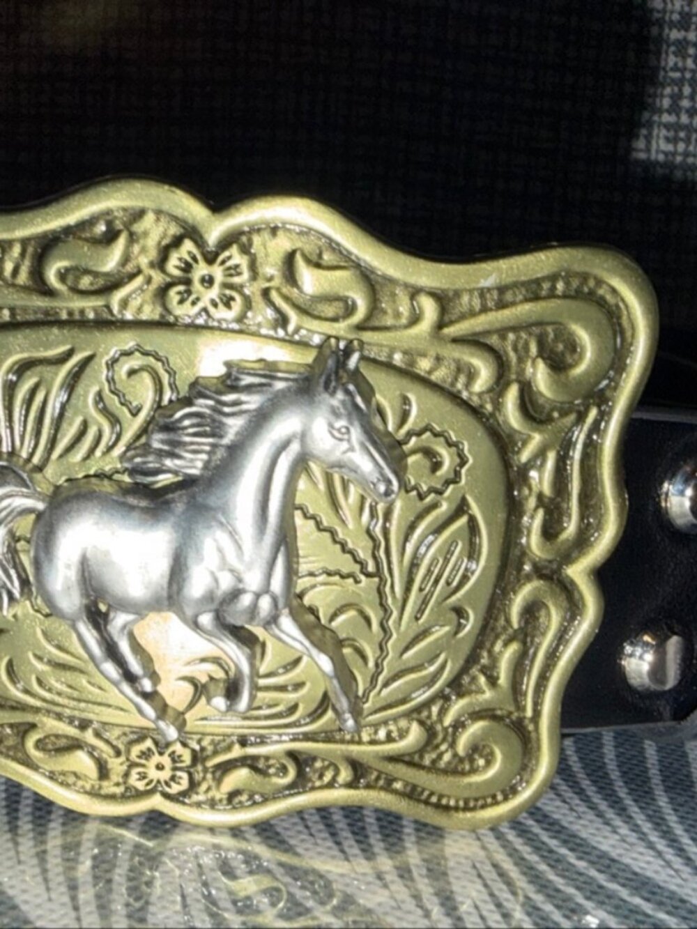 Black Tooled Leather Western Belt with Large Gold Horse Buckle